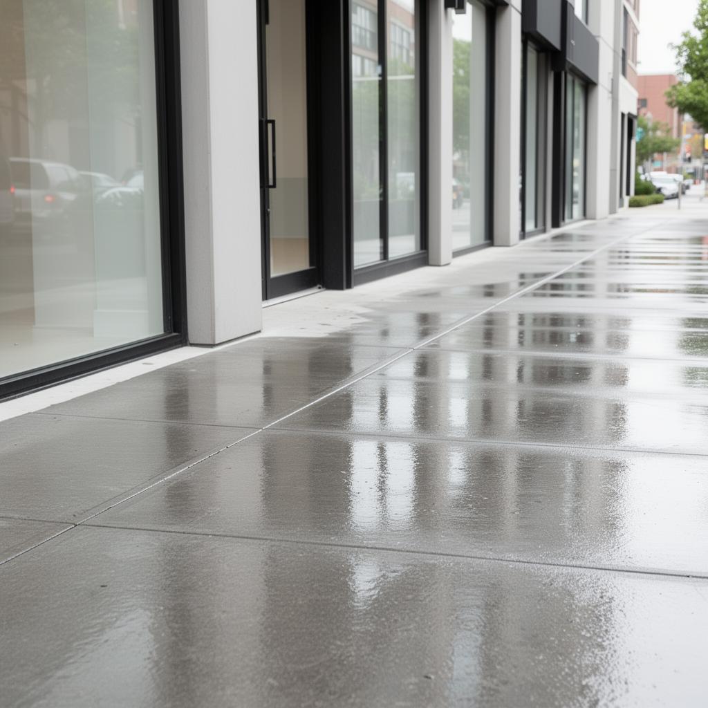 Freshly washed commercial sidewalk